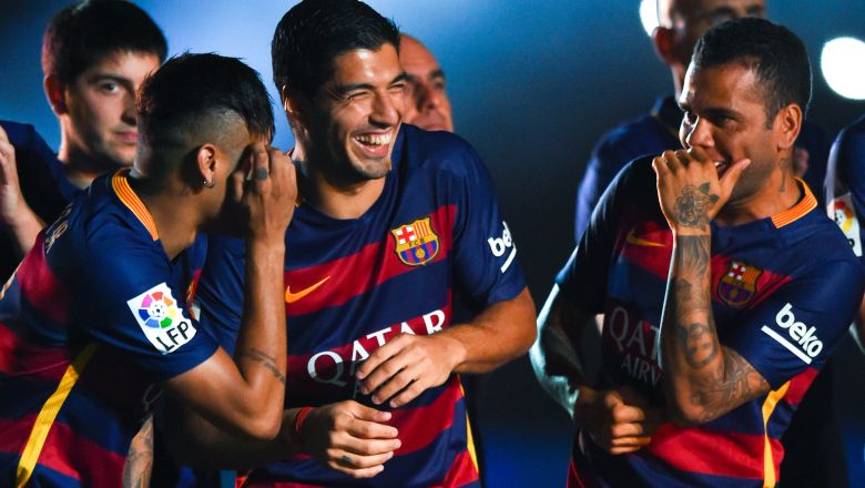 Neymar, Luis Suarez y Dani Alves de Barcelona. (Getty)