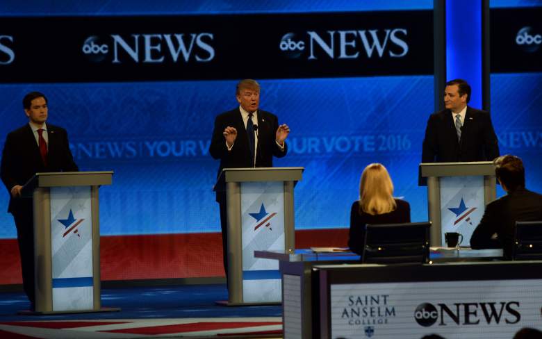 GOP Candidatos presidenciales Donald principales Trump, Ted Cruz y Marco Rubio en el anterior debate de ABC News. (Getty)