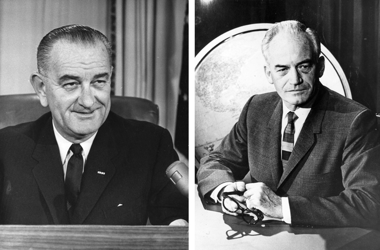 Presidential Candidates Lyndon Baines Johnson (L) and Barry Goldwater. (Central Press/Getty Images)