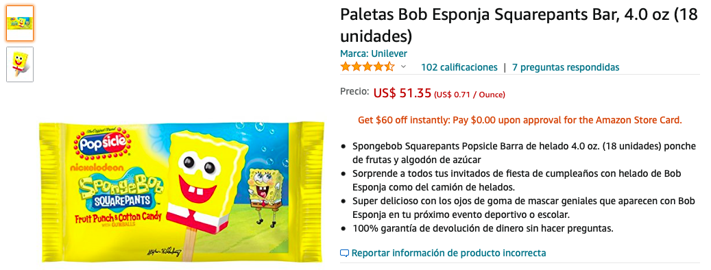 Paletas Bob Esponja Squarepants Bar, 4.0 oz (18 unidades)