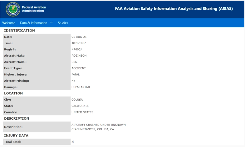 Informe preliminar de la Administración Federal de Aviación sobre el accidente de helicóptero.