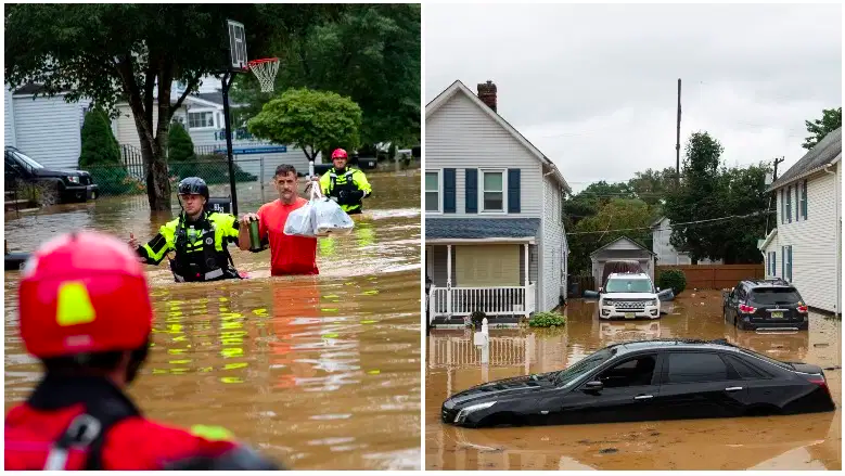 Se ve un sedán Cadillac sumergido en una calle residencial luego de una inundación repentina, mientras la tormenta tropical Henri toca tierra, en Helmetta, Nueva Jersey, el 22 de agosto de 2021./Miembros de New Market Volunteer Fire Company ayudan a Doug, un residente del vecindario, durante un esfuerzo de evacuación después de una inundación repentina, cuando la tormenta tropical Henri toca tierra, en Helmetta, Nueva Jersey, el 22 de agosto de 2021.