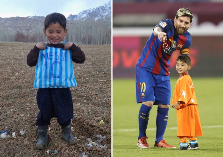 niño afgano de cinco años y fanático de Lionel Messi Murtaza Ahmadi posando con su camiseta de bolsa de plástico en el distrito de Jaghori de la provincia de Ghazni en una fotografía proporcionada por el de la familia del niño y tomado el 24 de enero de 2016 (L), y el delantero argentino del FC Barcelona Lionel Messi hablando con Murtaza Ahmadi en el campo antes del inicio de un partido amistoso de fútbol contra el Al-Ahli FC de Arabia Saudita el 13 de diciembre de 2016 en Qatar.