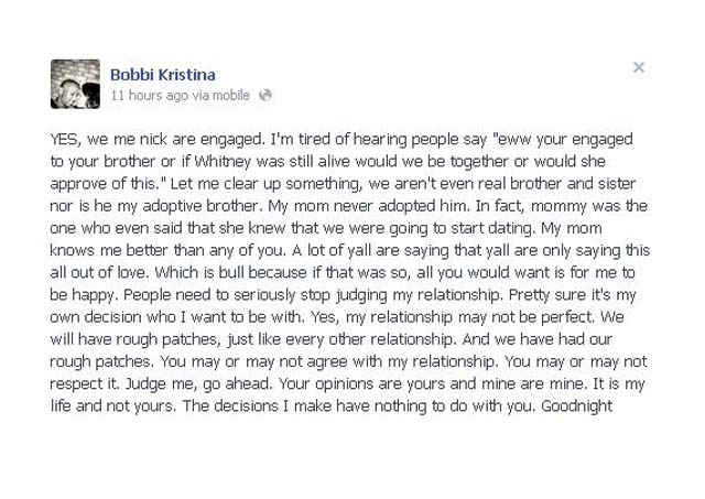 Bobbi Kris, Bobbi Kristina Brown, Bobbi Kristina, Whitney Houston, Daughter, Nick Gordon, Brother, Engaged, Marry, Boyfriend