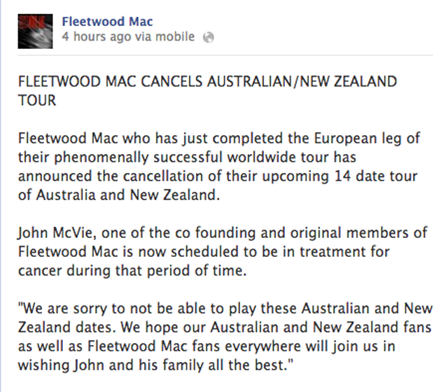 fleetwood mac, john mcvie, cancer