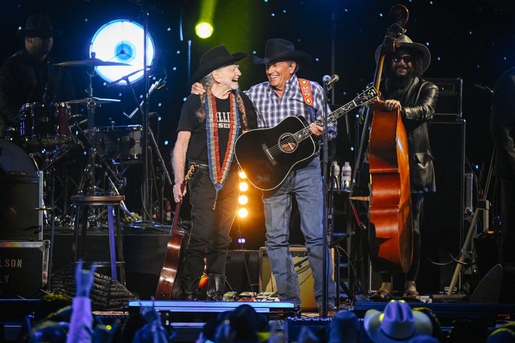 George Strait and Willie Nelson laughing