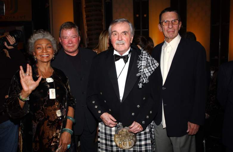 Actors Nichelle Nichols, William Shatner, James Doohan and Leonard Nimoy pose during the TV Land Awards 2003 at the Hollywood Palladium on March 2, 2003 in Hollywood, California.