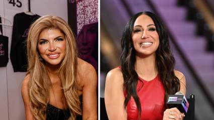 Teresa Giudice y Melissa Gorga posan junto a un póster de RHONJ en nuevas fotos